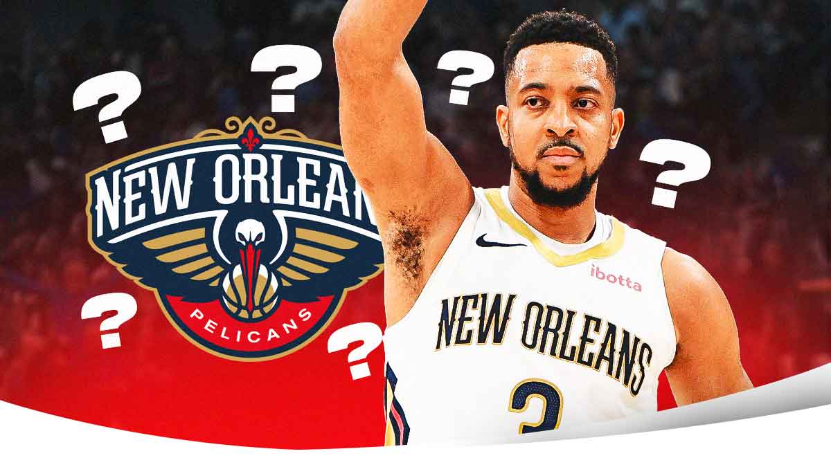 CJ McCollum in a Pelicans jersey, and the Pelicans logo is next to him, which has question marks all throughout the logo.