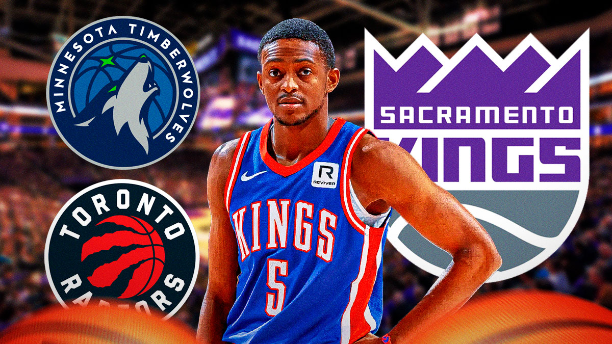 Kings guard De'Aaron Fox next to the Timberwolves and Raptors logos with the Kings logo in the background
