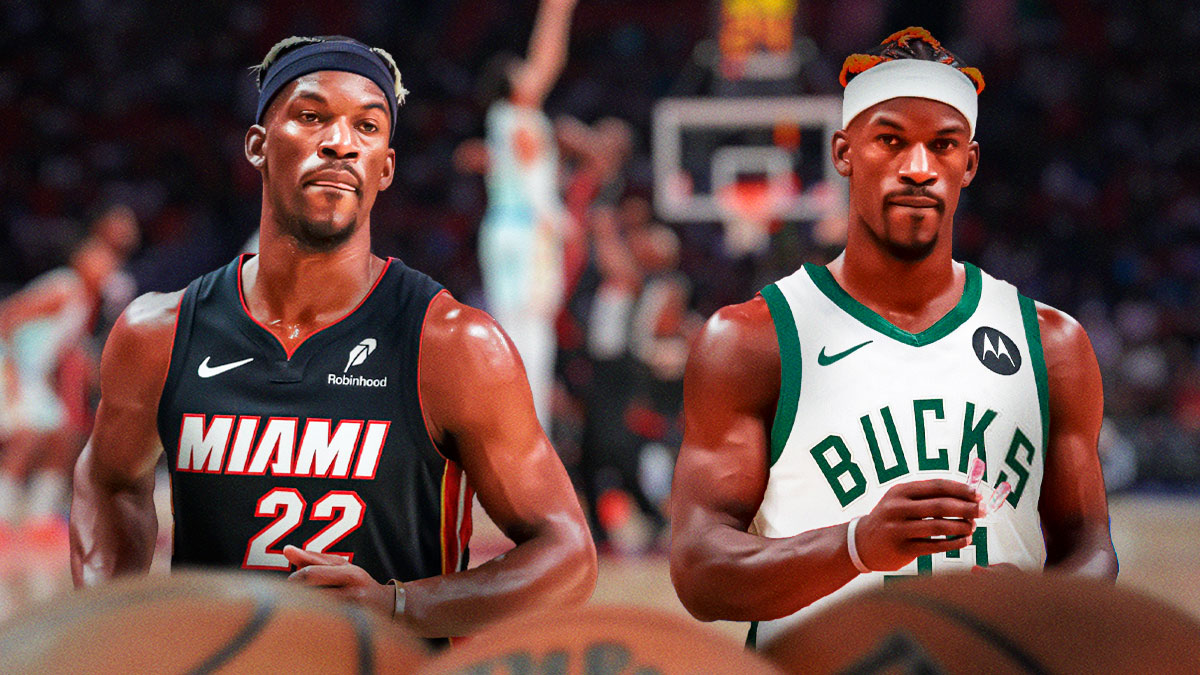 Jimmy Butler in a Heat jersey and a Bucks jersey.
