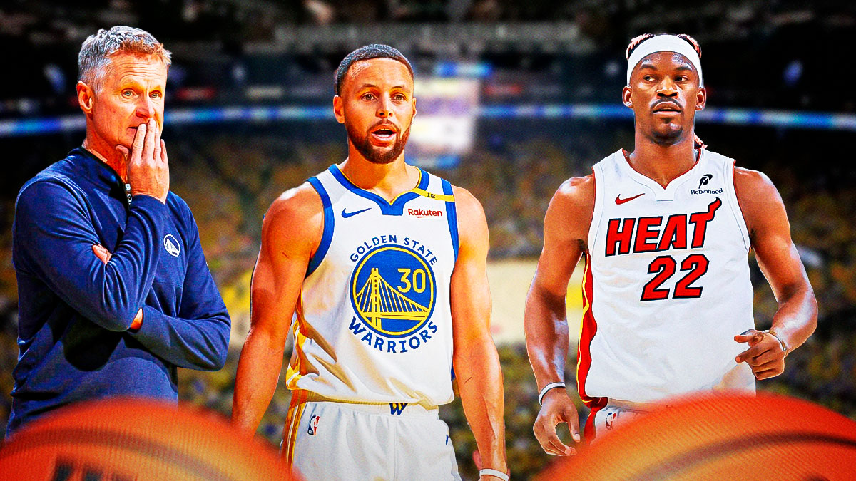 Stephen Curry and Steve Kerr on one side, and Jimmy Butler on the other side.