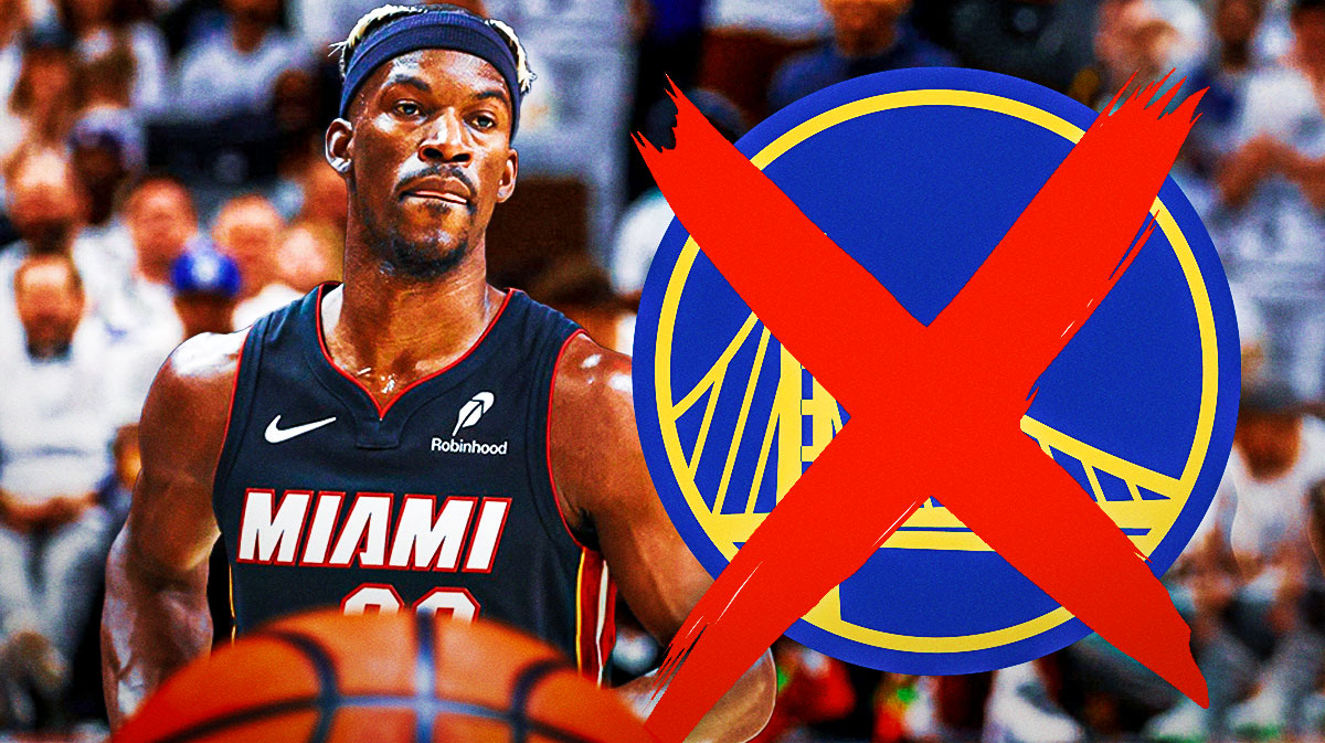 Miami Heat star Jimmy Butler next to the Warriors logo that's crossed out in front of the Chase Center.