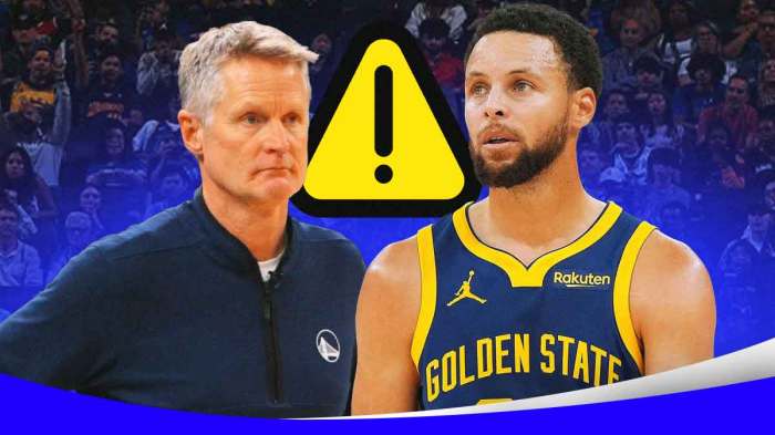 Steve Kerr and Stephen Curry next to alert symbol.