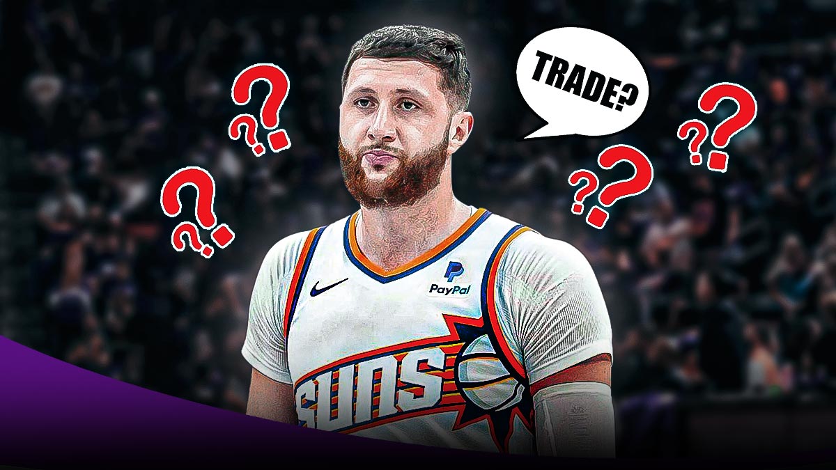 Suns center Jusuf Nurkic with question marks surrounding him and the word "Trade?" above him