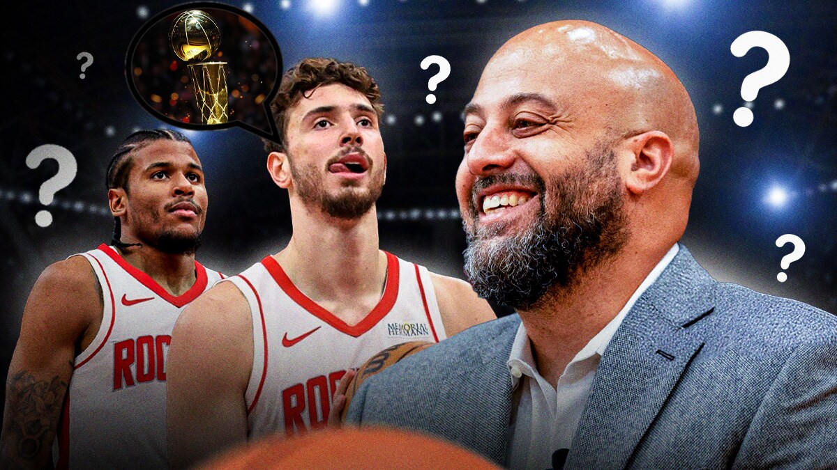 Rockets' Rafael Stone smiling at Alperen Sengun and Jalen Green, with thought bubble containing image of NBA championship on Sengun. question marks all over