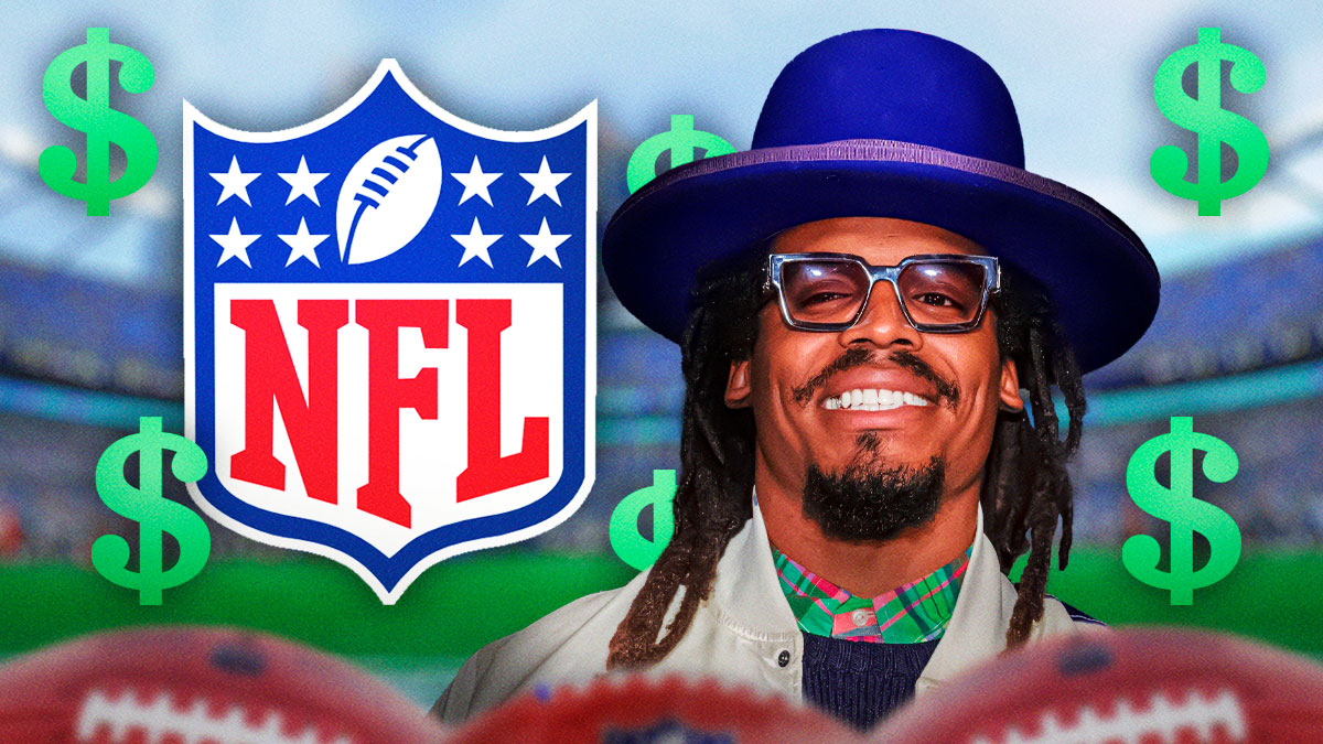 Cam Newton, NFL logo in background, money symbols surrounding Newton