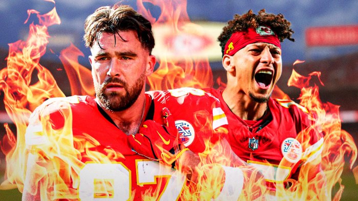 Chiefs QB Patrick Mahomes and TE Travis Kelce surrounded by fire