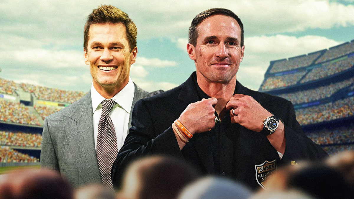 Drew Brees next to Tom Brady in suits with field in background