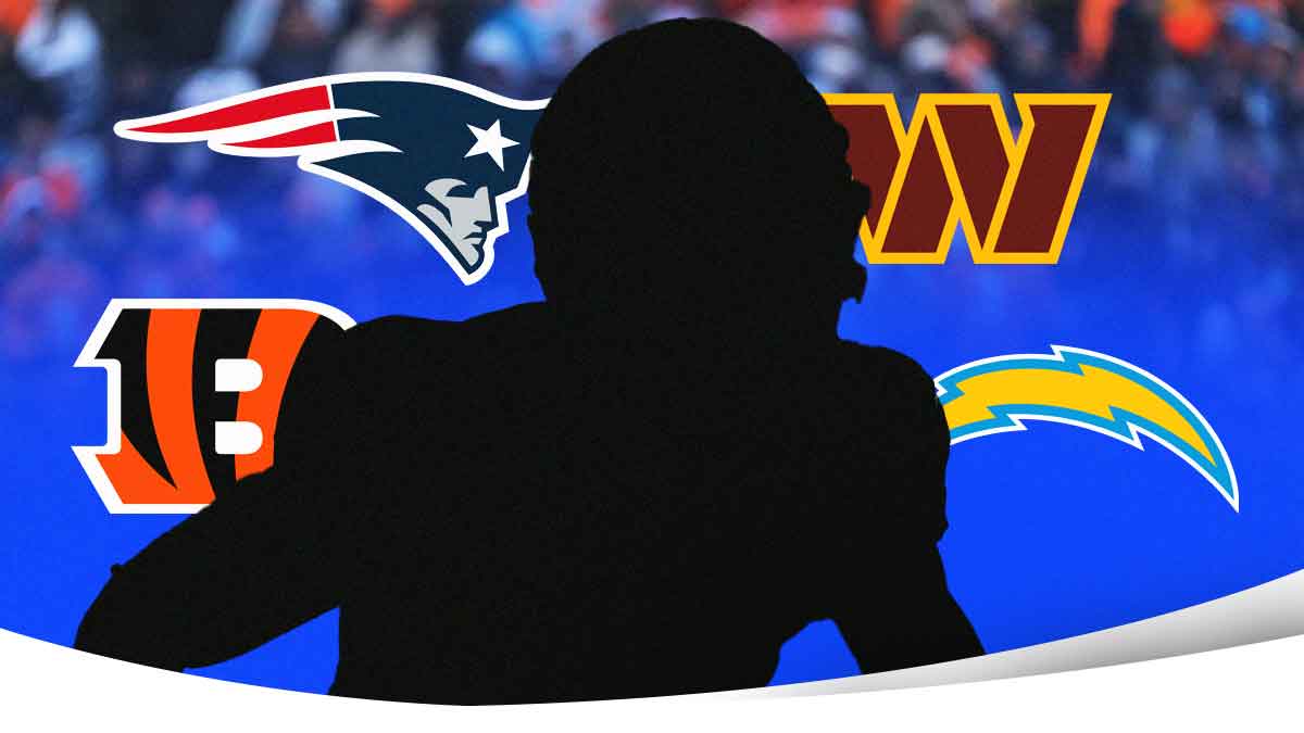The blacked-out silhouette of Tee Higgins surrounded by the Bengals, Patriots, Commanders and Chargers logos