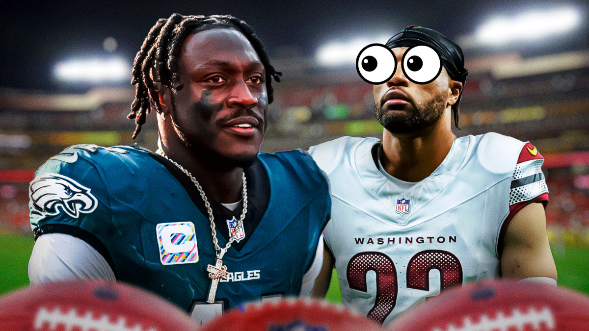 Marshon Lattimore (Commanders jersey) looks at AJ Brown with bulging eyes