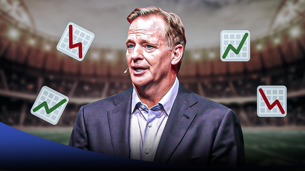 NFL Commissioner Roger Goodell with 📈 and 📉 emojis scattered in the background. Background is football field.