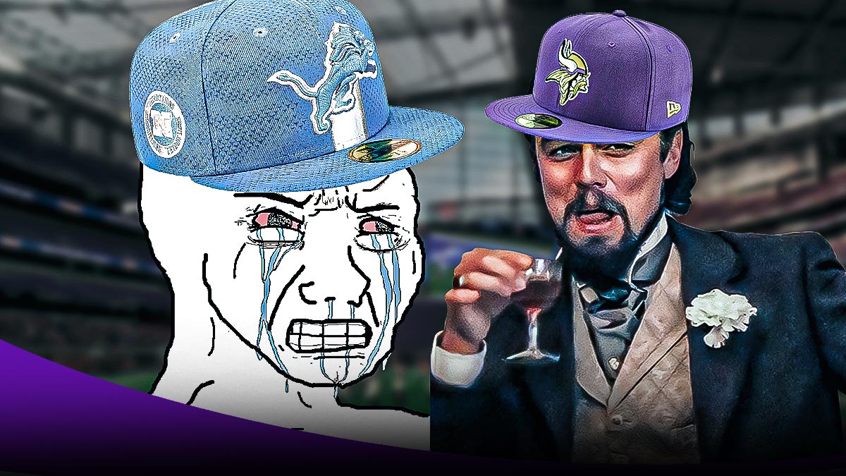 Upset Detroit Lions fan looking at laughing Minnesota Vikings fan. Background is Ford Field.