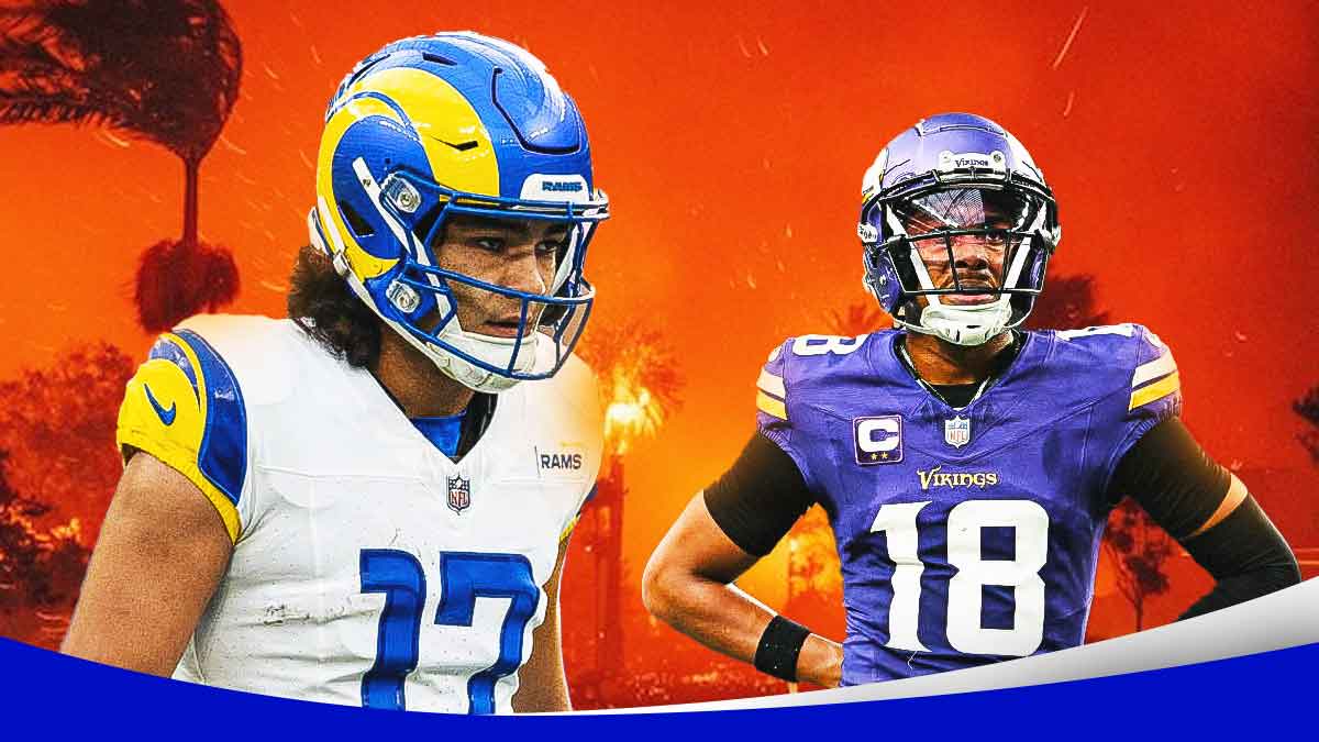 Puka Nacua and Justin Jefferson look concerned with Los Angeles burning in the background