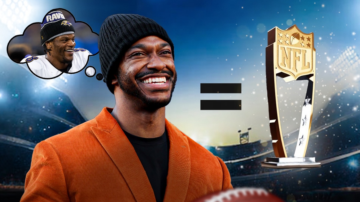 Robert Griffin III with a thought bubble that has Ravens quarterback Lamar Jackson, with an equal sign next to him, and next to the equal sign, is a picture of the NFL MVP trophy