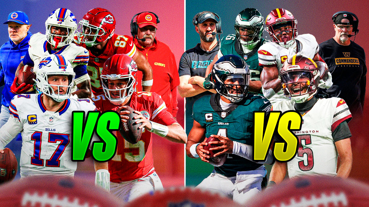 The ClutchPoints NFL Conference Championship picks, predictions, and odds column with a collage of Bills Josh Allen, James Cook, and Sean McDermott "VS" Chiefs Patrick Mahomes, Travis Kelce, and Any Reid on one side and Eagles Jalen Hurts, Saquon Barkley, and Nick Sirianni "VS" Commanders Dan Quinn, Jayden Daniels, and Terry McLaurin on the other