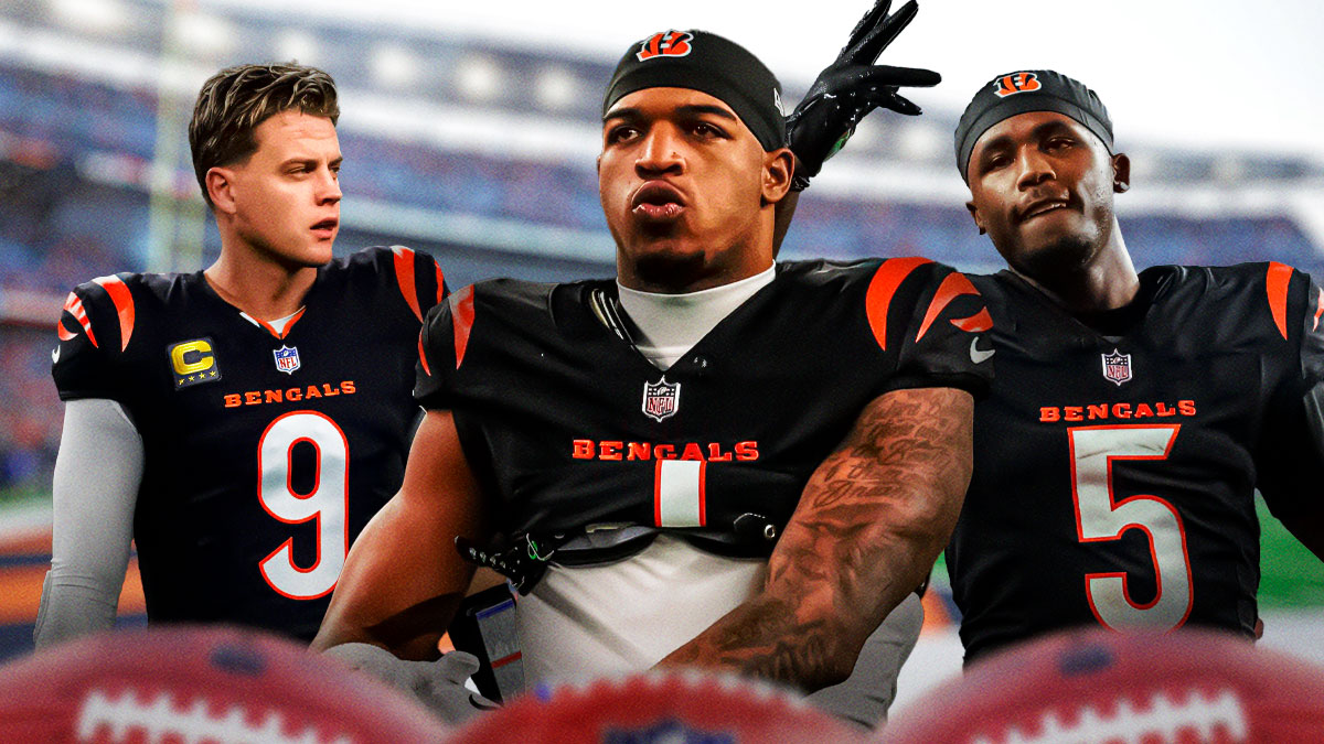 Cincinnati Bengals QB Joe Burrow with WRs Ja'Marr Chase and Tee Higgins. There is also a logo for the Cincinnati Bengals.