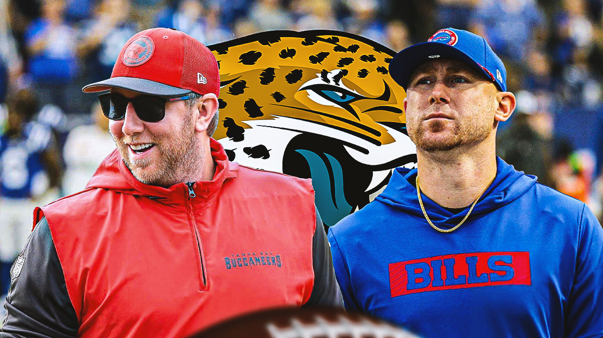 The Jacksonville Jaguars logo in the middle, Joe Brady on one side, Liam Coen on the other side