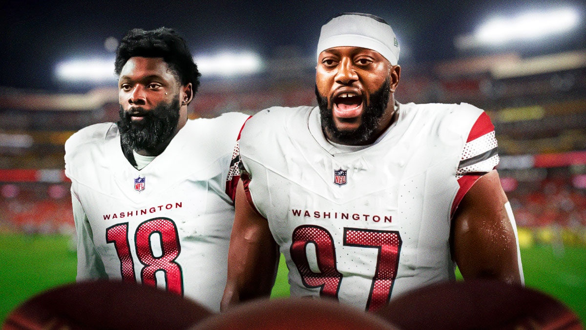 Osa Odighizuwa and Josh Sweat in a Commanders uniform with question marks