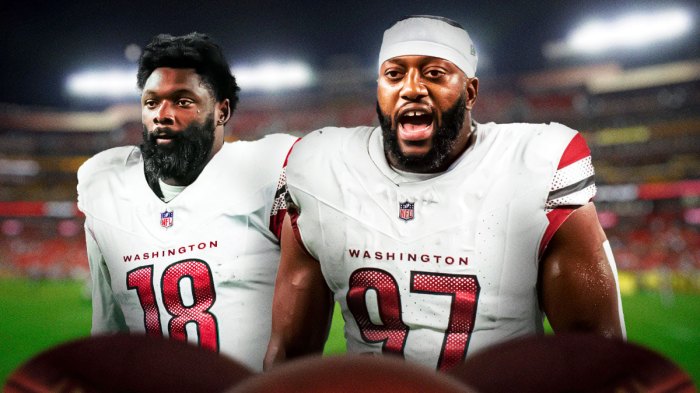 Osa Odighizuwa and Josh Sweat in a Commanders uniform with question marks