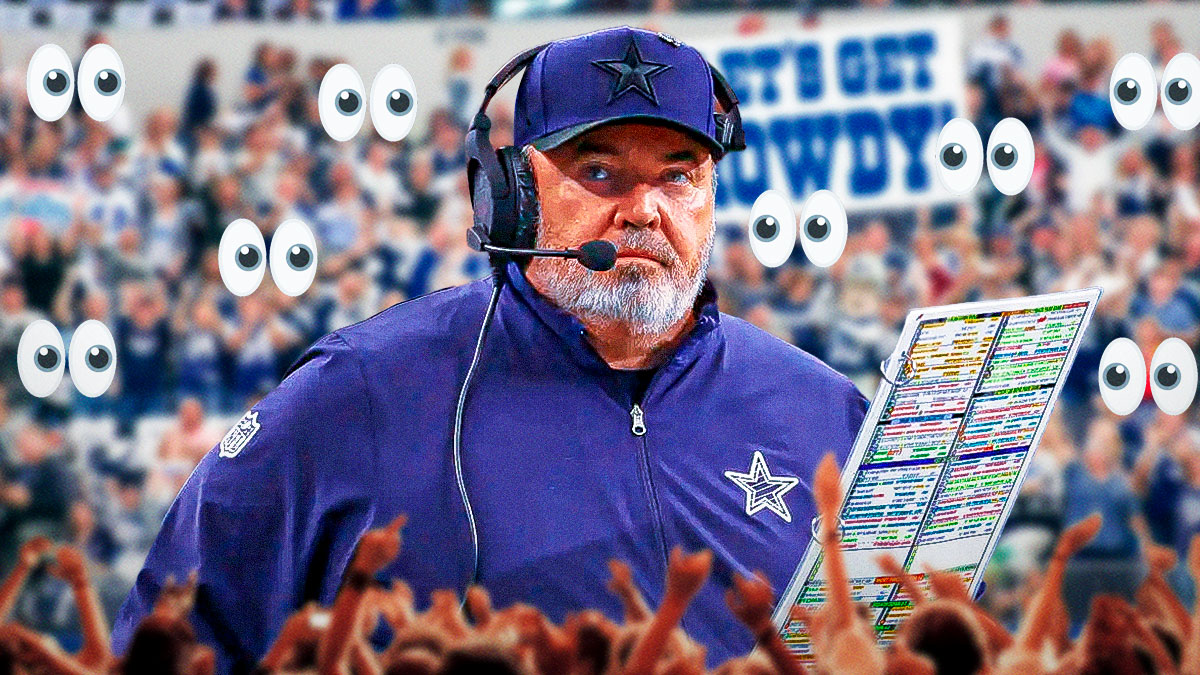 Mike McCarthy on one side, a bunch of Dallas Cowboys fans on the other side with the big eyes emoji aaround them