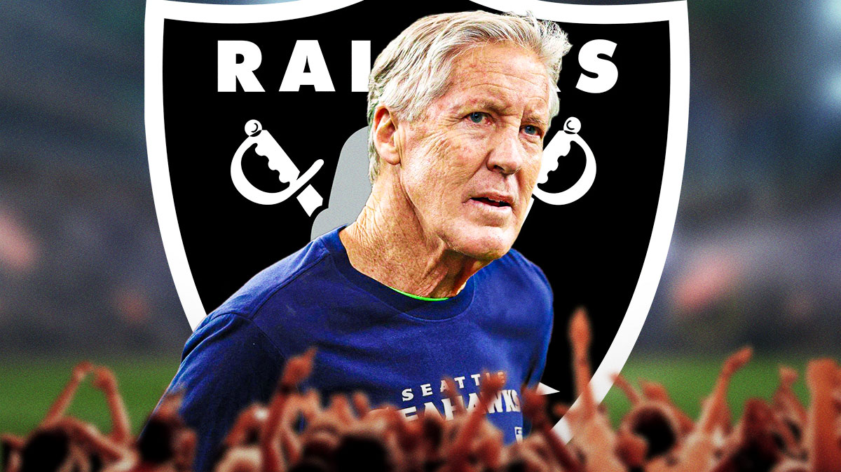 Pete Carroll next to Raiders logo.