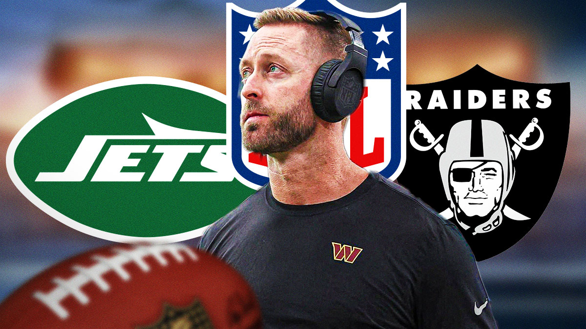 Kliff Kingsbury. Jets, Raiders, NFL logo. Question marks around him