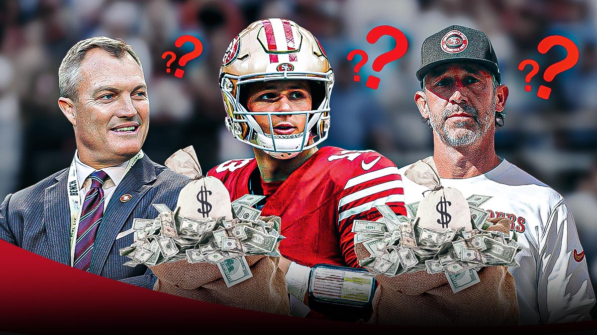 Brock Purdy standing next to John Lynch and Kyle Shanahan with a big sack of money. There are question marks surrounding them.