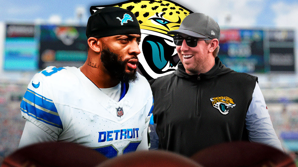 Detroit Lions CB Carlton Davis III with Jacksonville Jaguars head coach Liam Coen. There is also a logo for the Jacksonville Jaguars.