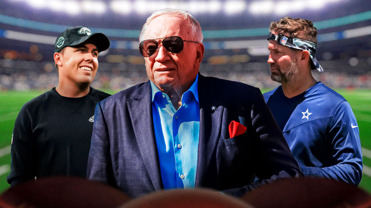Coach Kellen Moore on the left, Dallas Cowboys owner Jerry Jones in the middle, coach Brian Schottenheimer on the right