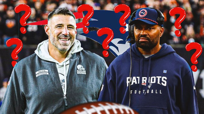 New England Patriots head coach Jerod Mayo next to former NFL head coach Mike Vrabel. They are both surrounded by question mark emojis. There is also a logo for the New England Patriots.