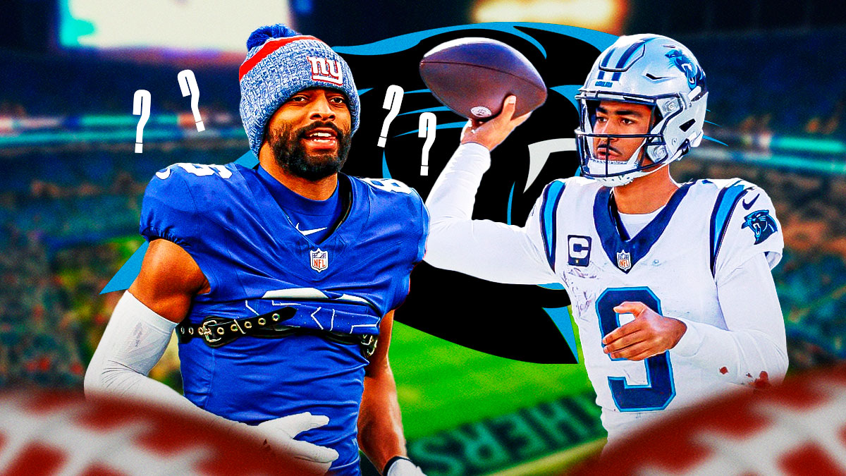 Darius Slayton with question marks around him, and the Panthers logo and Panthers quarterback Bryce Young throwing a football next to him.