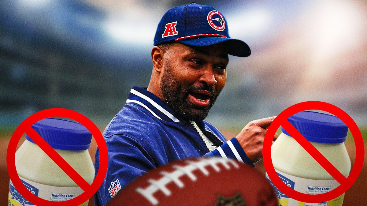 Jerod Mayo surrounded by question marks and jars of mayo with 🚫 on top of the mayo jars.