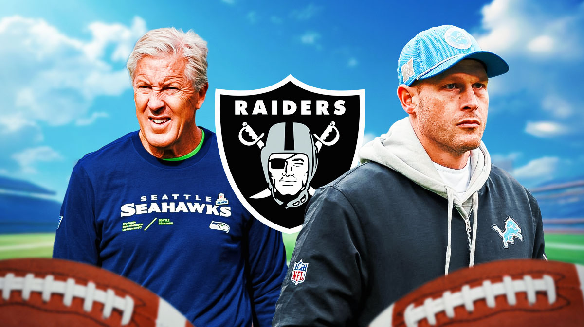 Pete Carroll and Ben Johnson with Raiders logo in between them