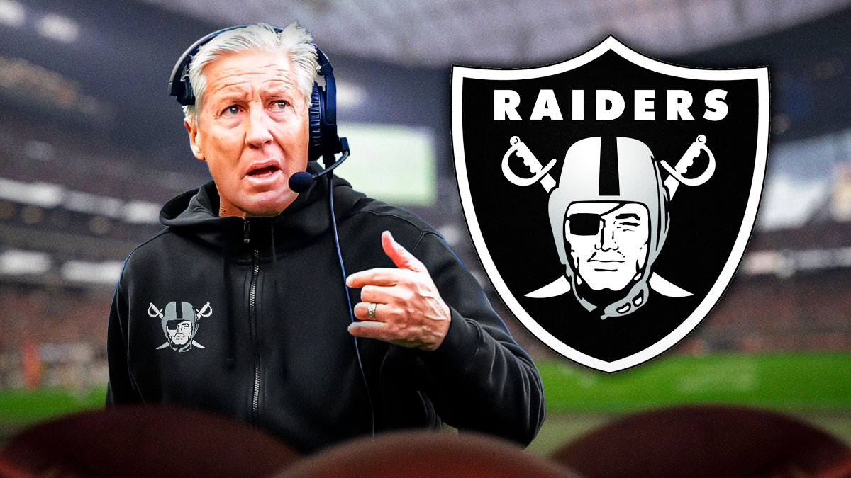 Pete Carrol next to Raiders logo