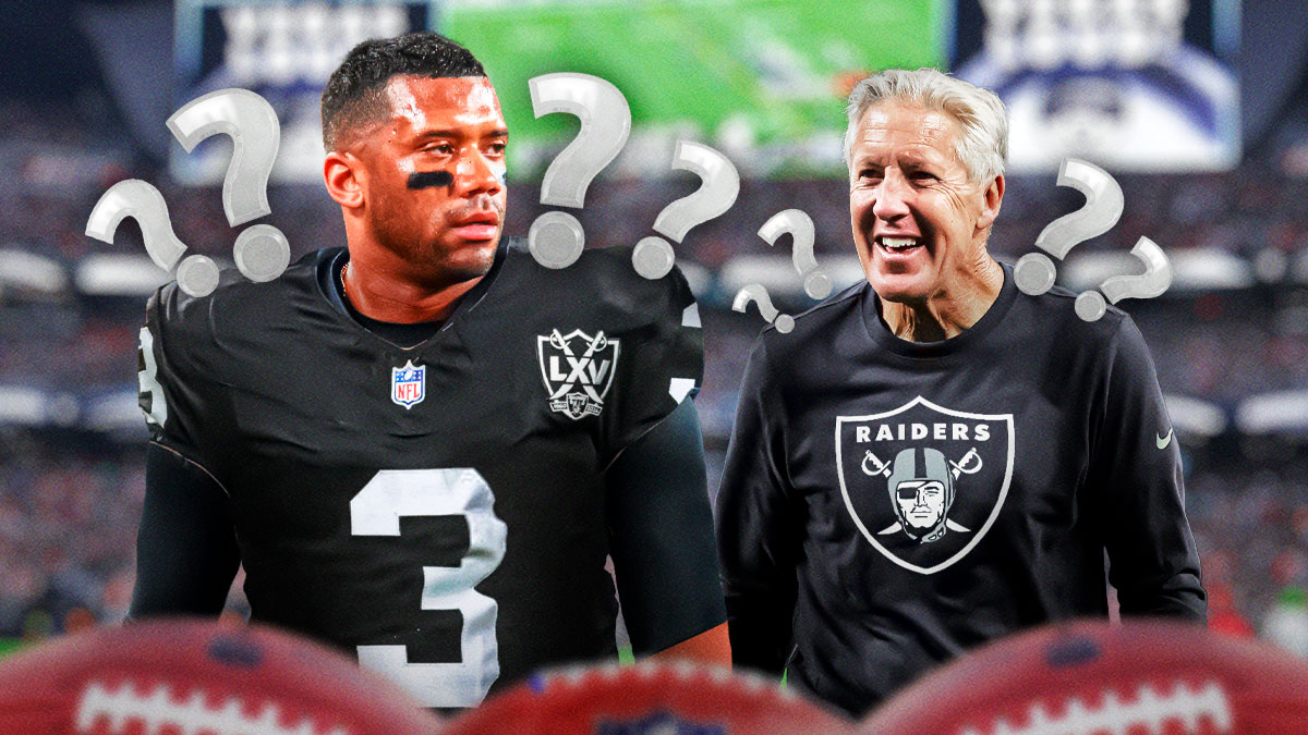 Russell Wilson in a Raiders jersey and Pete Carroll in Raiders coaching gear with question marks around the picture.