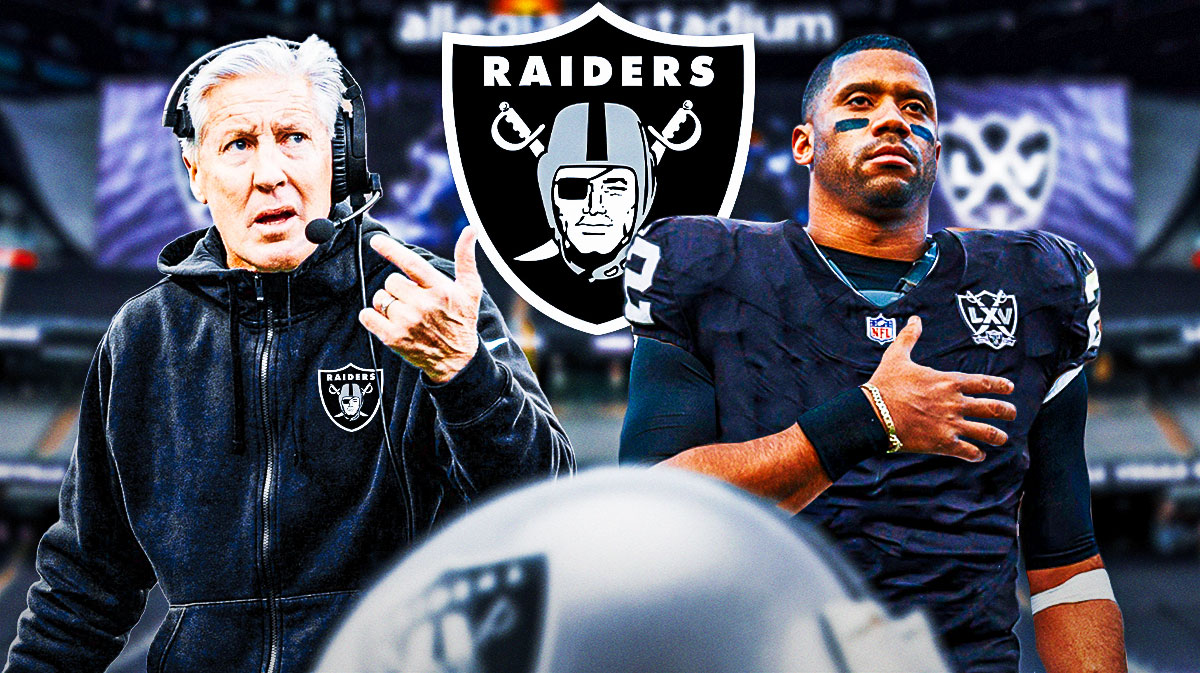 Pete Carroll next to Russell Wilson in a Raiders jersey