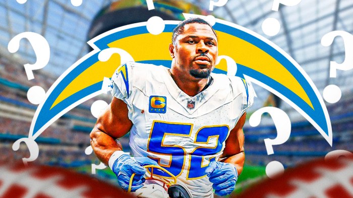 Chargers edge rusher Khalil Mack with question marks around him, and the Chargers logo in the background.