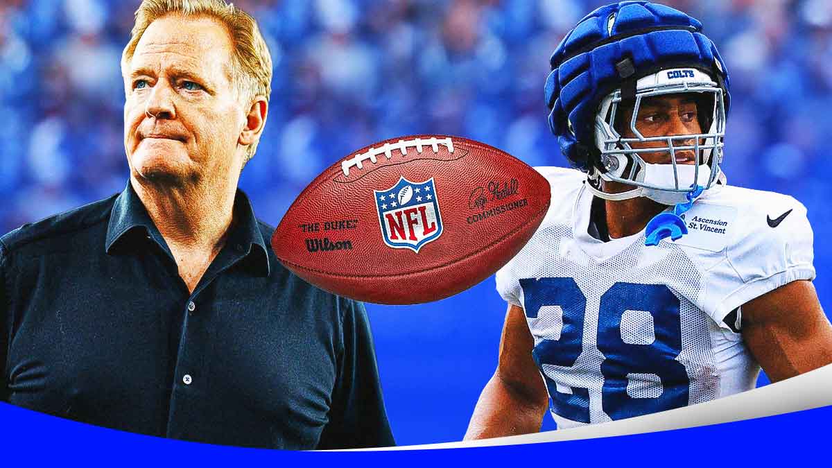 A NFL branded football in the middle of the photo, a picture of Roger Goodell and Colts RB Jonathan Taylor wearing a guardian cap Colts helmet