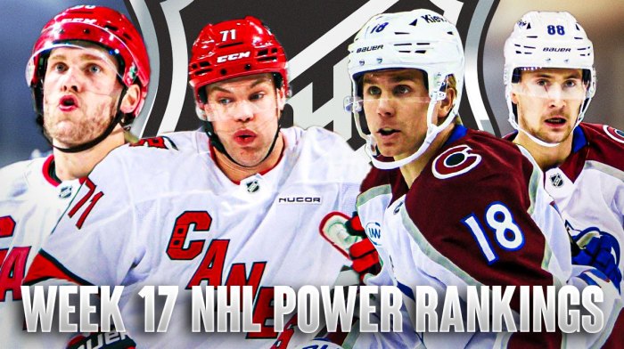Mikko Rantanen and Taylor Hall on one side in Carolina Hurricanes jerseys, Jack Drury and Martin Necas on other side in Colorado Avalanche jerseys, NHL logo in middle, hockey rink in background, Text: Week 17 NHL Power Rankings