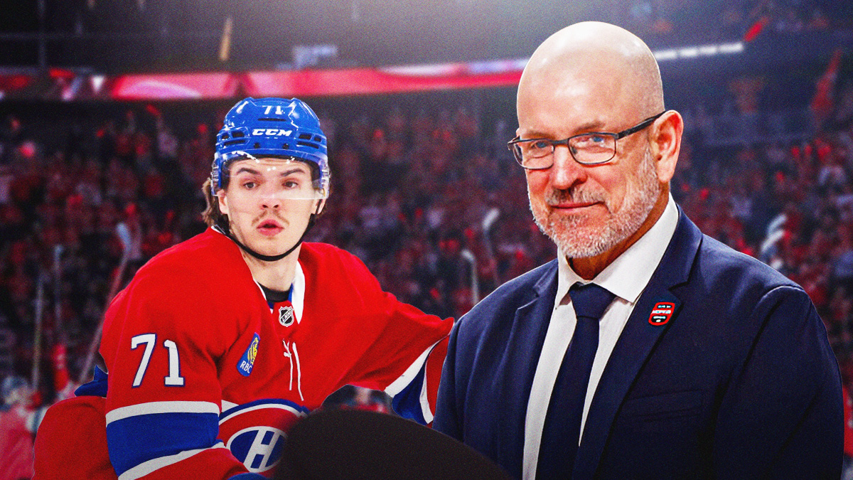 Canadiens defenseman Jake Evans, Devils GM Tom Fitzgerald, both inside Prudential Center