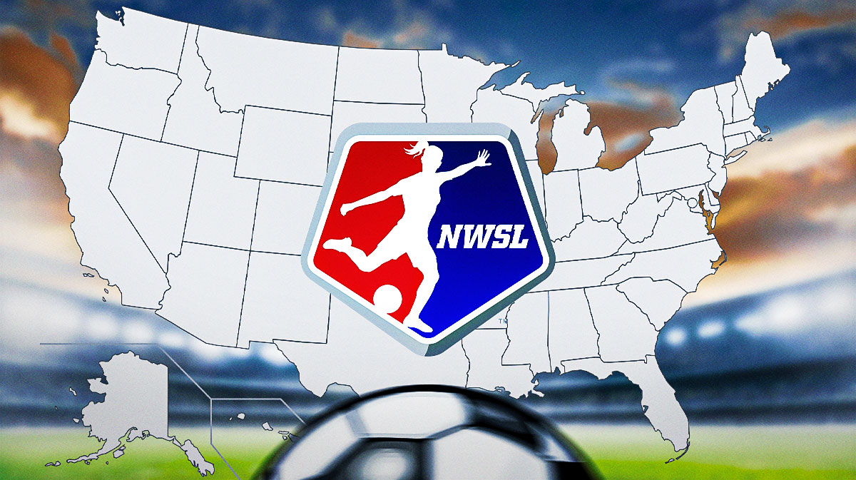 The National Women's Soccer League (NWSL) logo on top of a map of the United States of America
