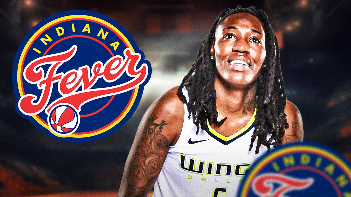 Natasha Howard smiling. Indiana Fever 2025 logo in background.