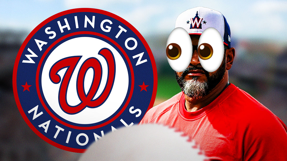 Dave Martinez with emoji eyes looking at a Nationals logo