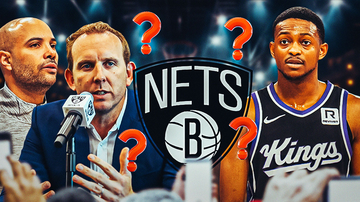 Sean Marks and Jordi Fernandez on one side with De'Aaron Fox on the other and a Nets logo in the middle with question marks around them