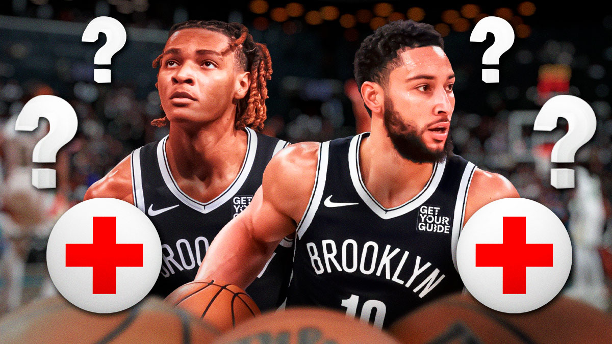 Ben Simmons and Noah Clowney with medical signs and question marks