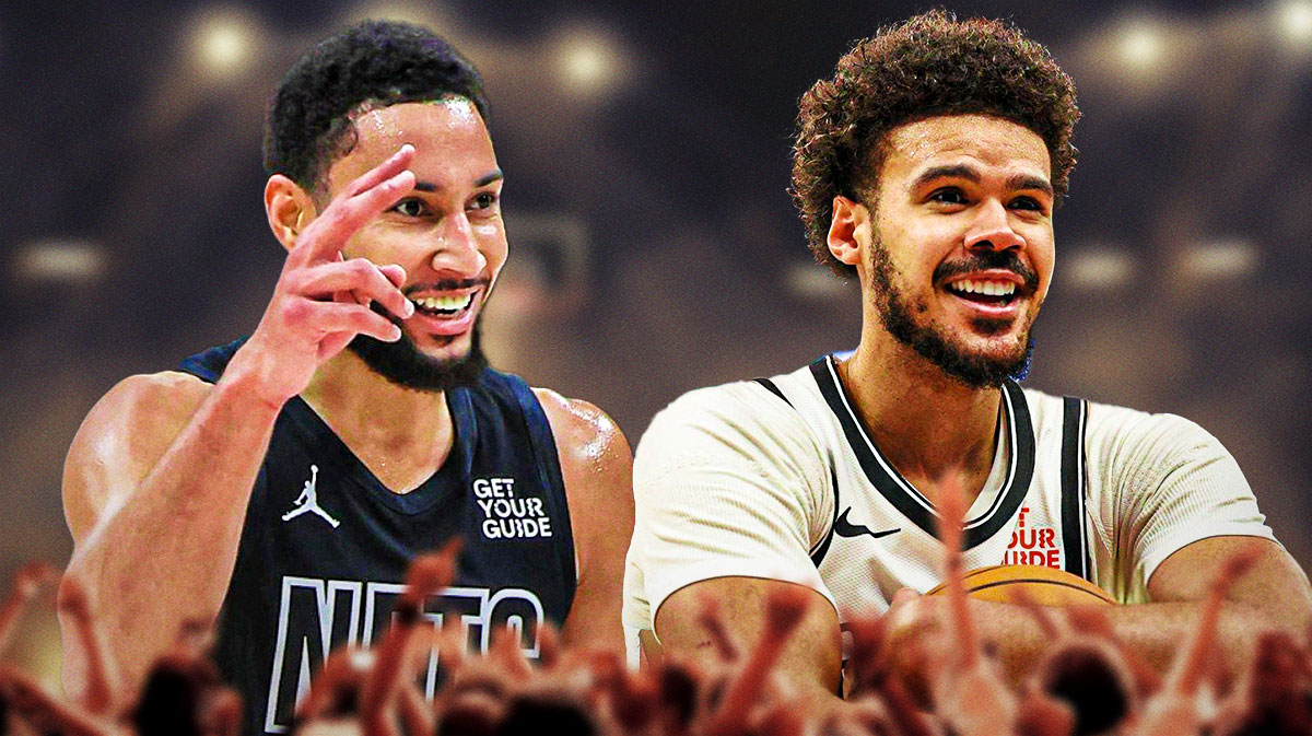 Ben Simmons and Cam Johnson both laughing, and next to them is a photo of trash-talking NBA fans.