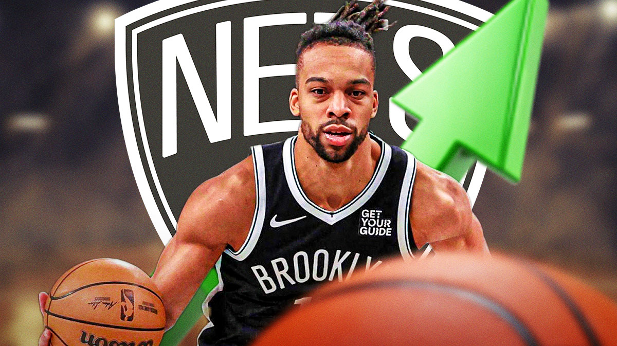 Tosan Evbuomwan with a Nets logo and a graph with a green arrow going up