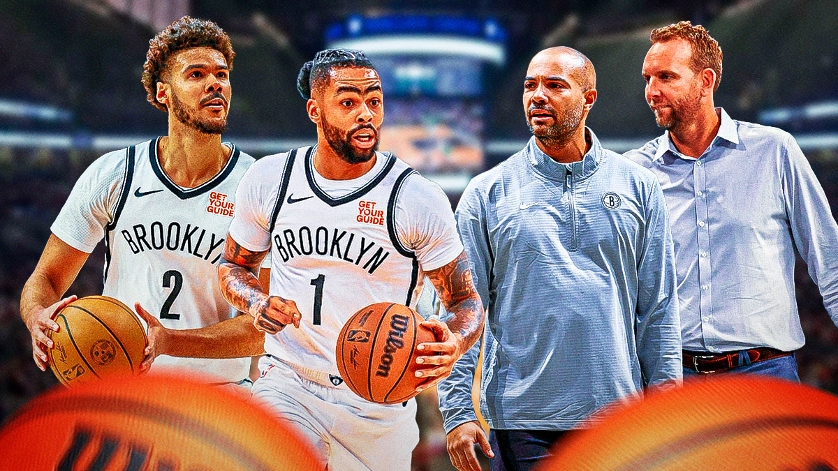 Cam Johnson and D'Angelo Russell on one side with Jordi Fernandez and Sean Marks on the other