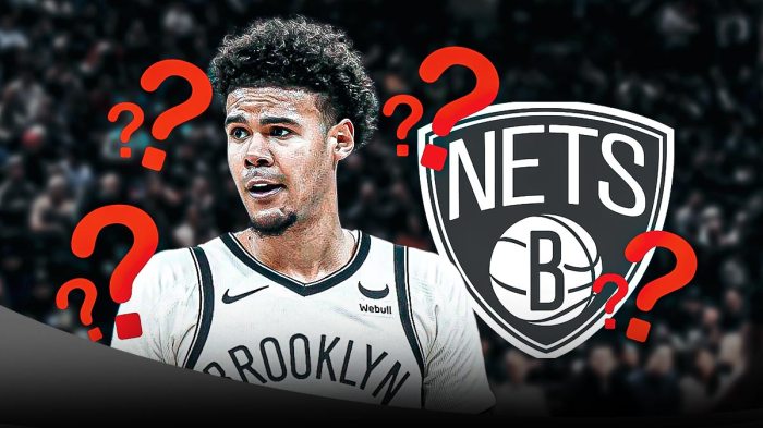Cam Johnson with the NBA team logos in the background and question marks around him
