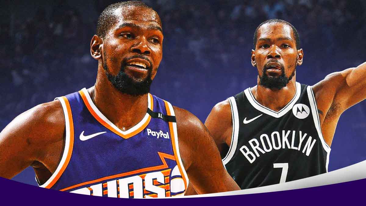 Suns' Kevin Durant smiling, with Nets version of him (2021) on the side