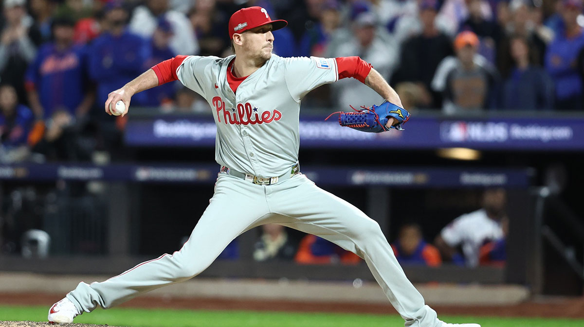 Philadelphia Phillies pitcher Jeff Hoffman (23) throws a pitch in the fifth inning against the New York Mets in Game 4 of the 2024 MLB Playoffs NLDS at Citi Field. 